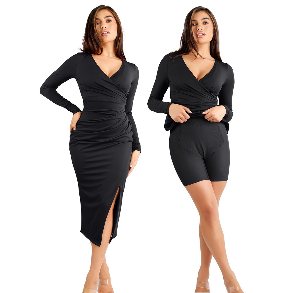 NWT Popilush Black Shapewear Midi Dress V Neck Bodycon Long Sleeve Medium